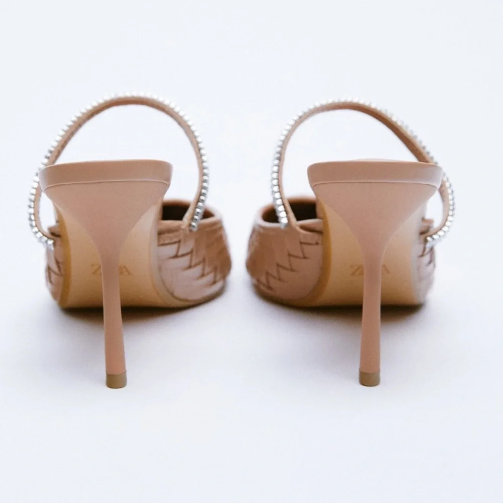 Zara Beige Sparkly Pointed Toe Woven Heels Size 8/39 - Picture 4 of 5